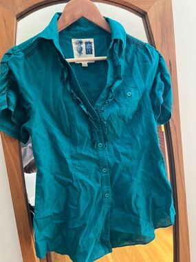 Edme & Esyllte Anthropologie Teal Short-Sleeve Button-Up Blouse Women's Top sz 2